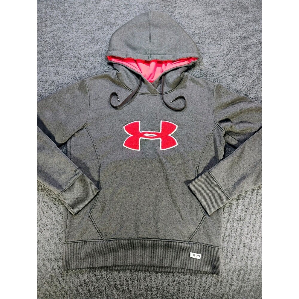 Under Armour Girls Gray Hoodie Pink Logo Pullover Sweatshirt Youth Medium 12-14